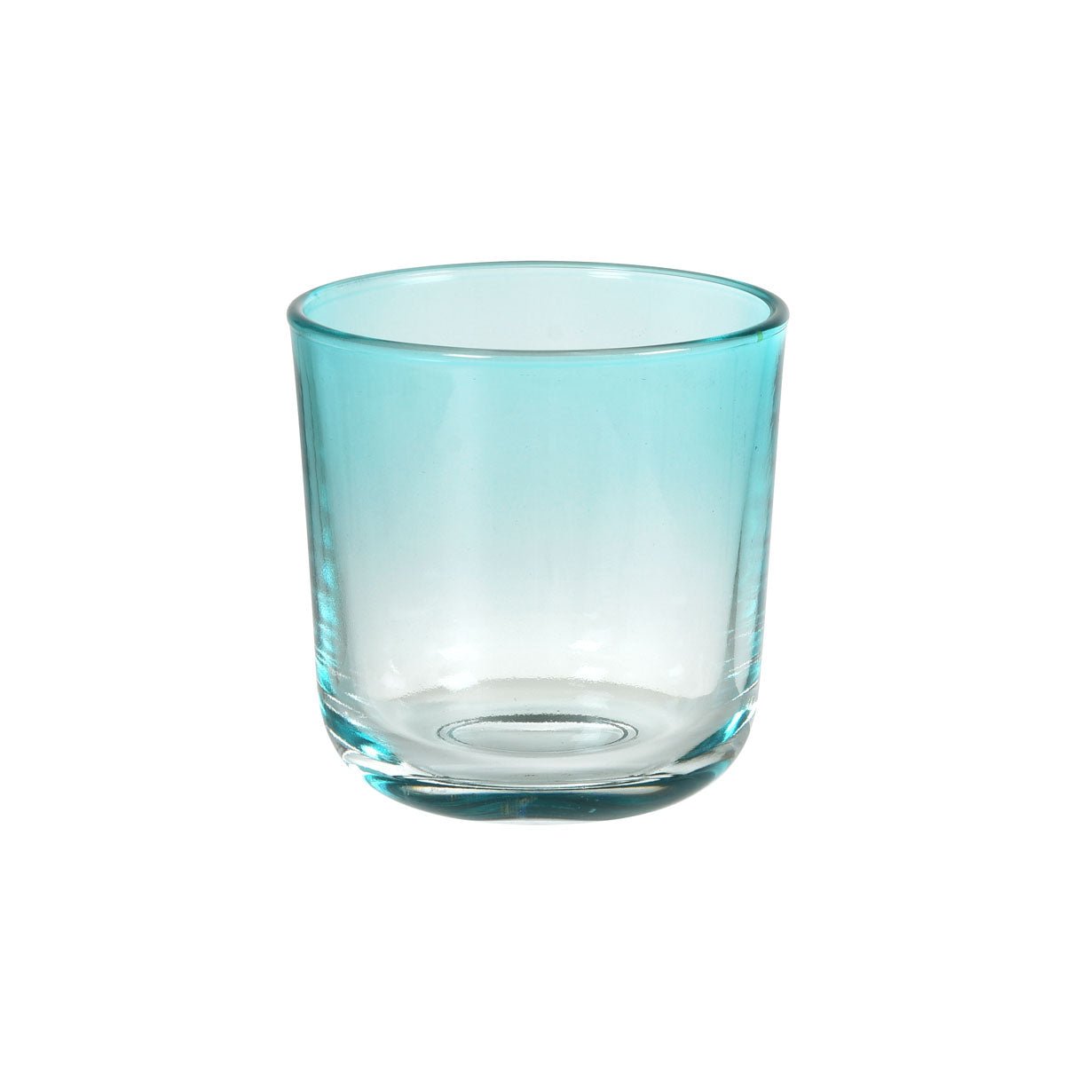 Den Switch & Shine ljushållaren i glas från Duni GmbH, i mintblå (81x72,5 mm), visas med sin tjocka sockel mot en enkel vit bakgrund. Förpackning: 1 styck.