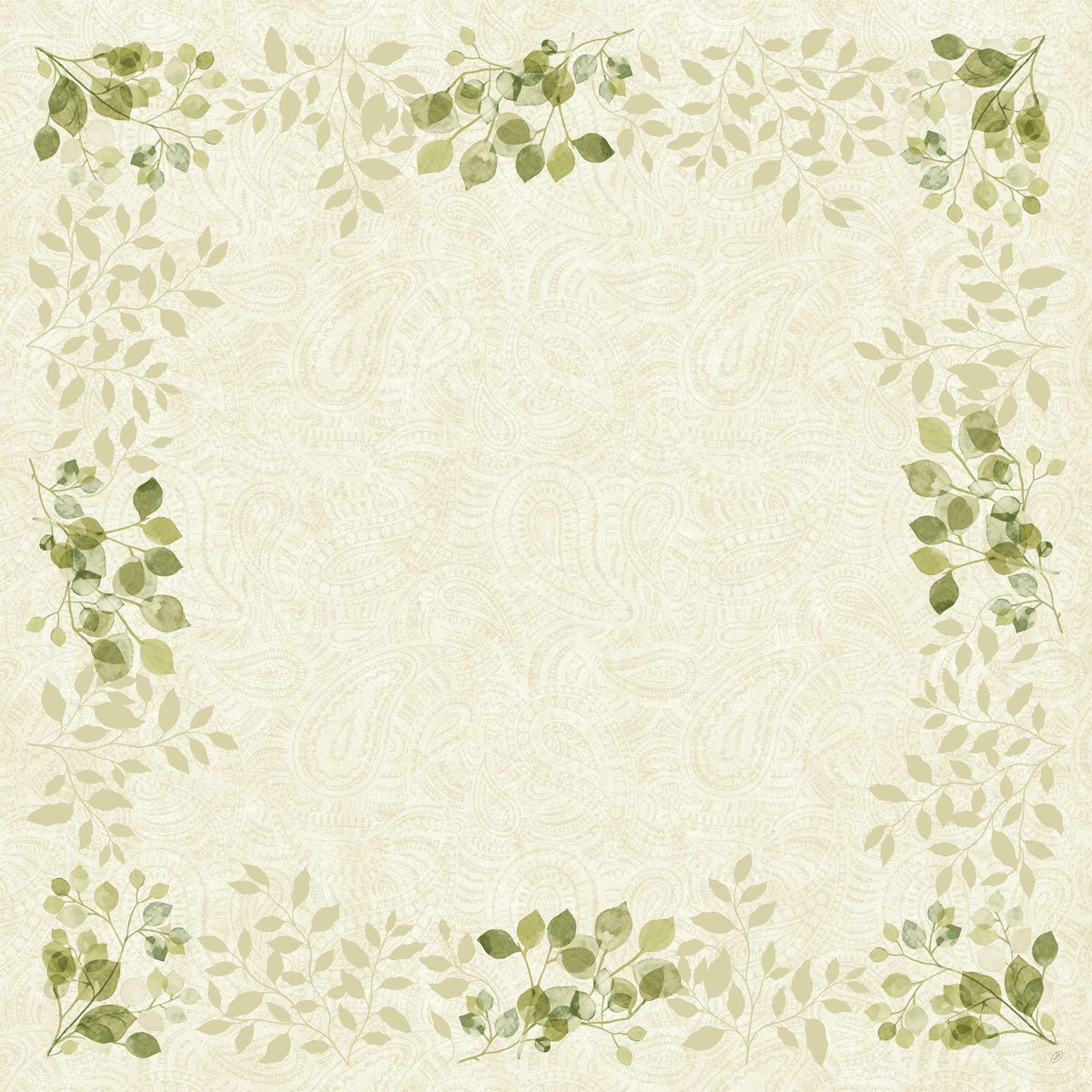 En ljusbeige bakgrund med ett diskret paisleymönster och gröna paisleyblad i varje hörn påminner om den miljövänliga charmen hos den biologiskt nedbrytbara Bio-Dunicel-mittduken 84x84cm (20 stycken) från Duni GmbH, biologiskt nedbrytbar och stilfull för varje miljö.