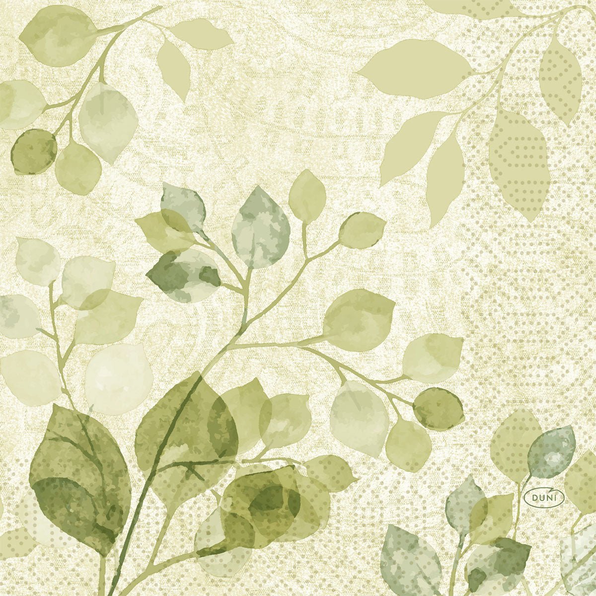 Duni GmbH Servetter 33x33 3-lager 1/4 Paisley Blad (50 stycken) visar en akvarelldesign med gröna, bladiga grenar på ljus beige och subtila paisleymönster och erbjuder en mjuk, naturlig look med känsliga, strukturerade detaljer.
