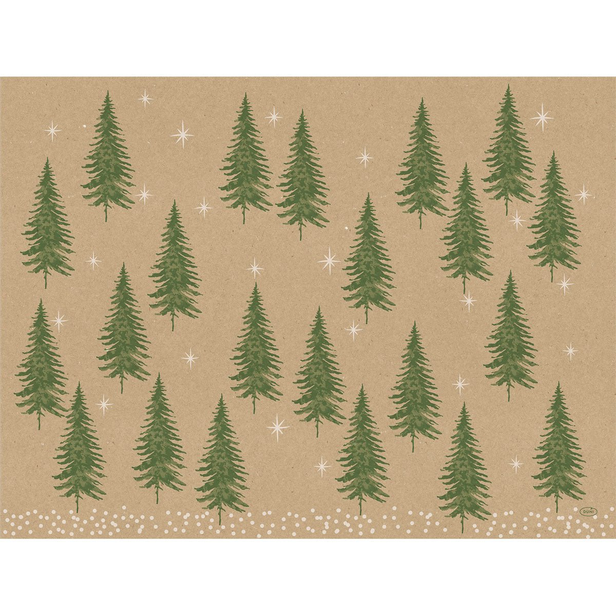 De pappersunderläggen 30x40cm Humble Trees från Duni GmbH visar en brun, återvinningsbar pappersbakgrund med rader av gröna granar och vita snöflingor och erbjuder därmed en miljövänlig, vinterlig design. Förpackning med 250 stycken.