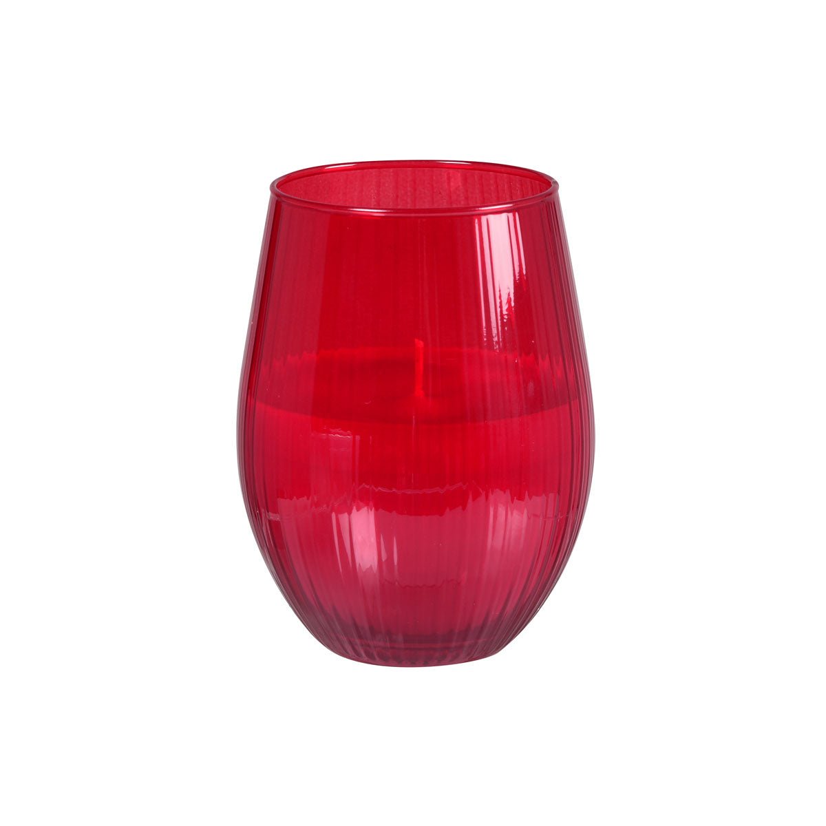Det ribbade röda glaset Ritz från Duni GmbH är ett perfekt val som elegant bordsdekoration. Det har en rund form och visas med ett matchande ljus mot en vit bakgrund. Förpackningen innehåller 1 styck.