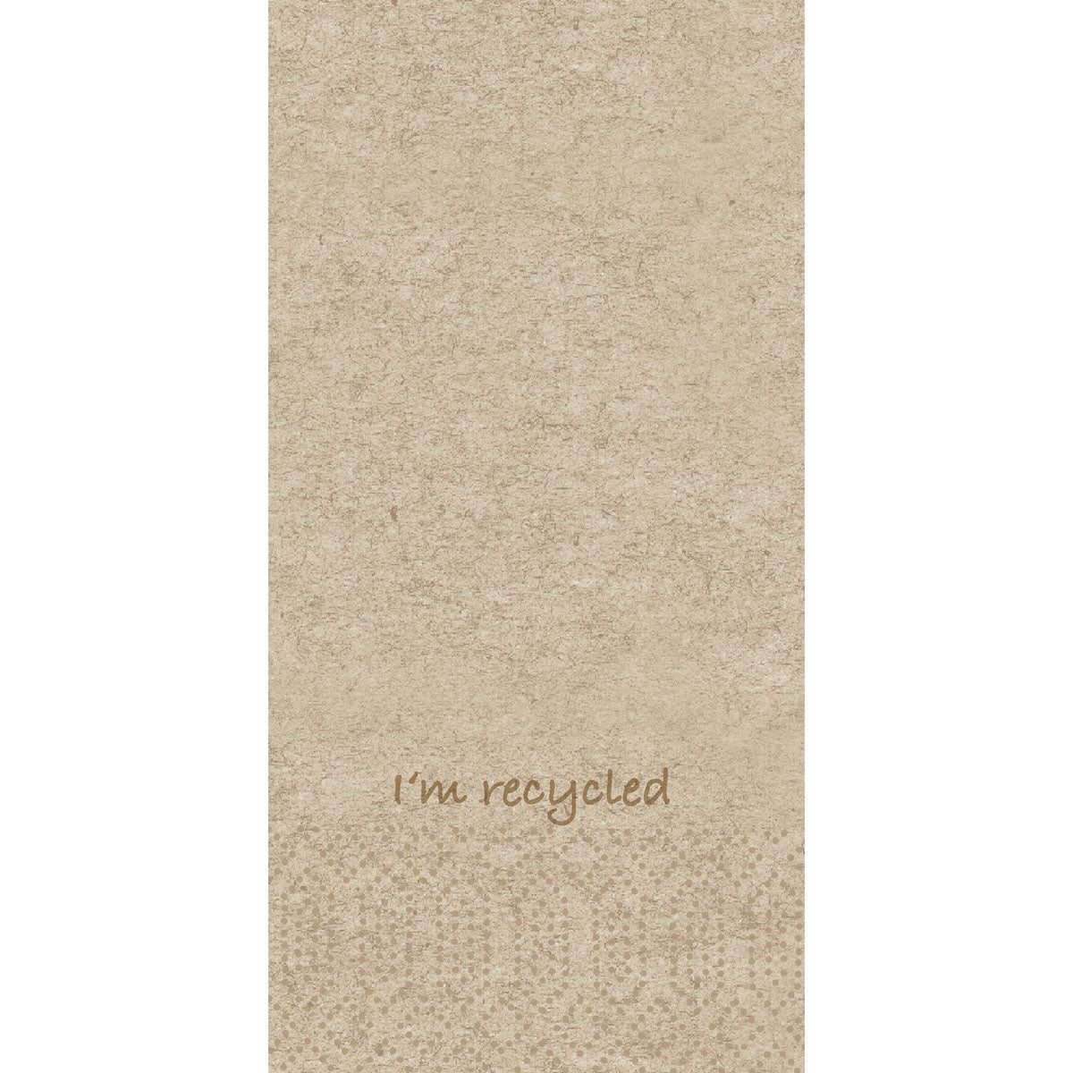 En beige, strukturerad bakgrund med texten "I'm recycled" i brun skrift nära den nedre mitten och ett diskret prickmönster under, perfekt för presentation av Duni GmbH Zellt.-Serv.33x33 2lg 1/8KF - Återvunna pappersservetter | Förpackning (300 stycken).