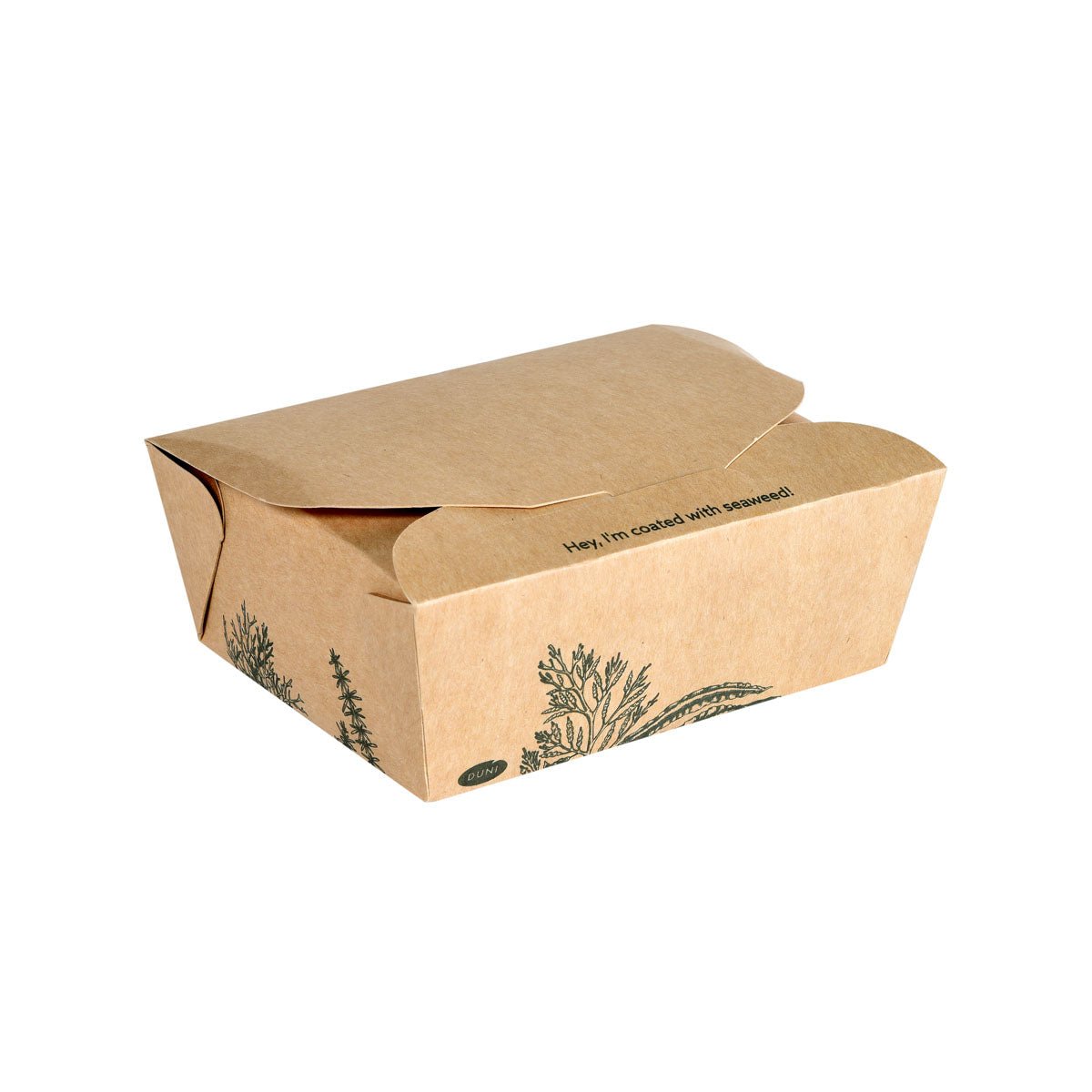 Den Alga Box 1200ml 120x110x62mm, brun | Kartong från Duni GmbH är en sluten brun låda med svarta botaniska illustrationer och "Hej! Jag är täckt med alger!" på den övre klaffen - en miljövänlig förpackning för mat att ta med.