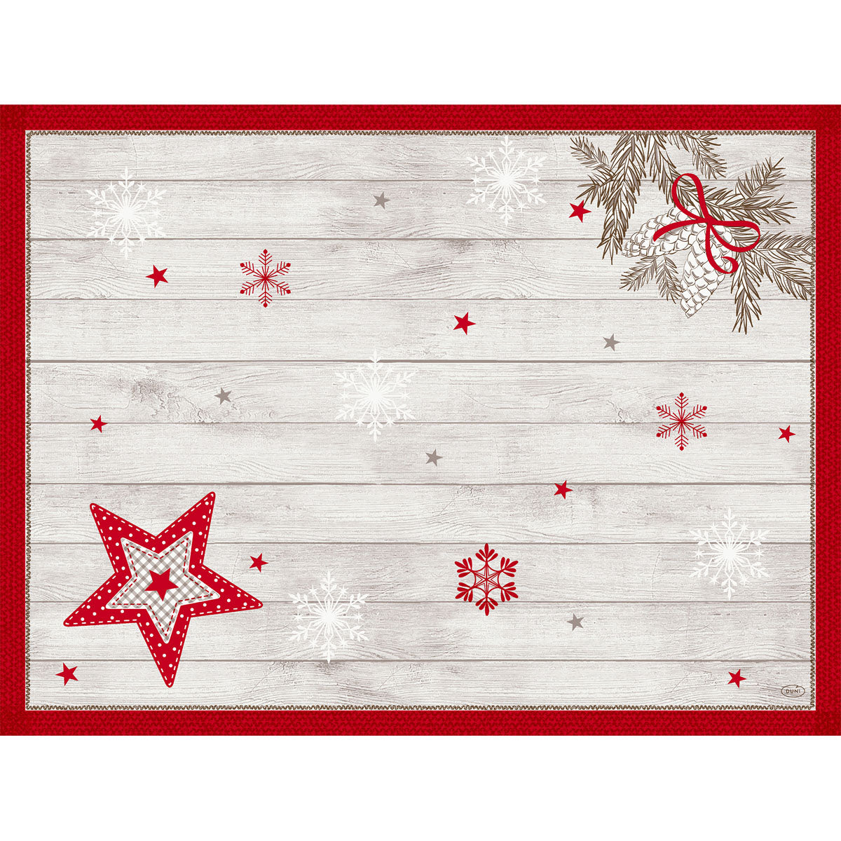 Das Dunicel-Sets 30x40 von Duni GmbH ist ein rechteckiges Einweg-Tischset in weißer Holzoptik mit rot-weißen Sternen, Schneeflocken, Tannenzapfen mit rot-grüner Schleife und roter Umrandung als Akzent.