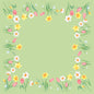 Das Bio-Dunicel-Mitteldeckchen Spring Melody (84x84 cm) von Duni GmbH zeigt eine grüne Mitte, umrahmt von Aquarell-Tulpen, Narzissen und weißen Blüten - ideal als blumige Tischdekoration zu Frühlingsanlässen. Packung mit 100 Stück.
