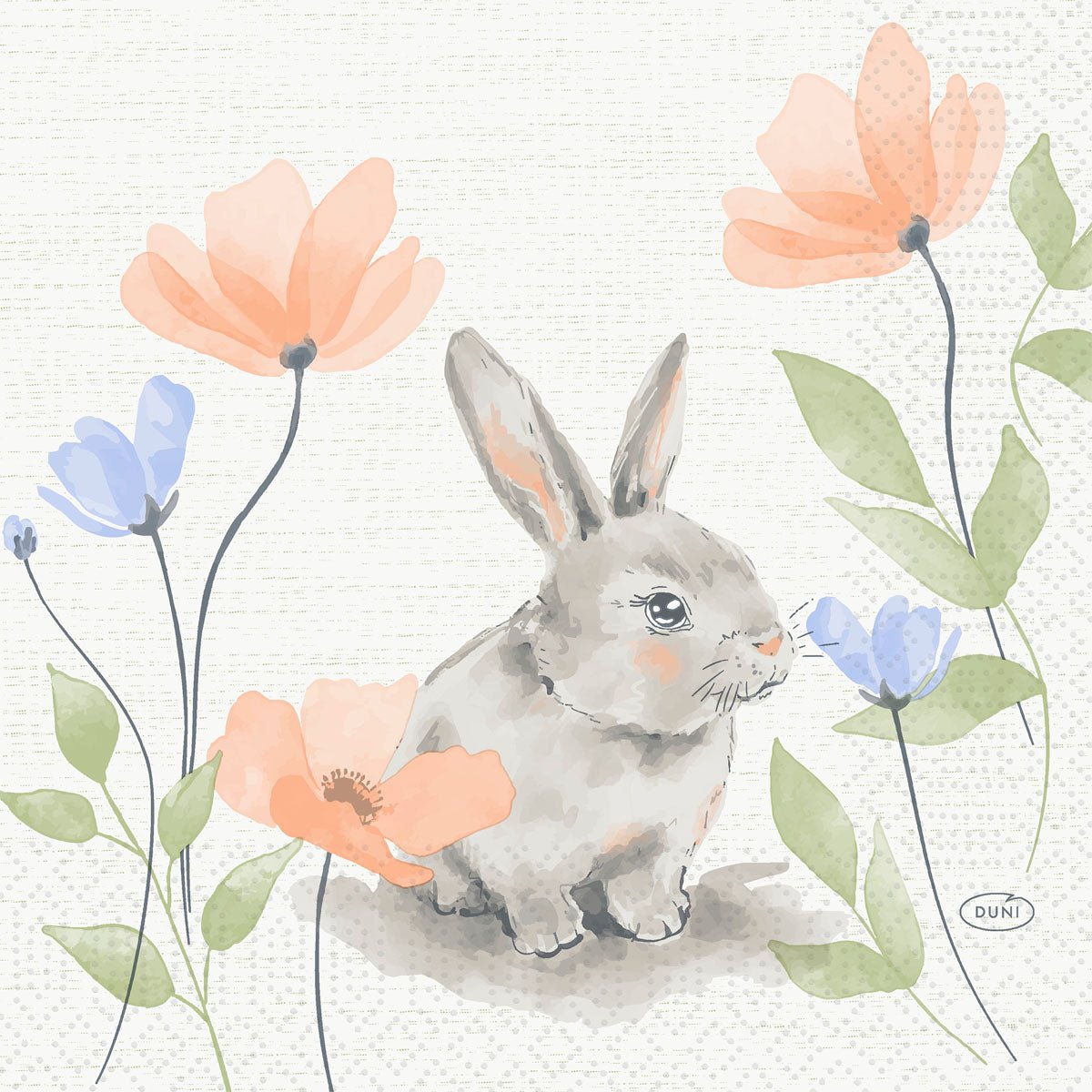 En akvarellillustration av en grå kanin med rosa och blå blommor pryder Bunny Bloom-servetterna 33 cm 3-lagers 1/4-vikning från Duni GmbH (250 stycken), idealisk som charmig bordsdekoration till påsk. Kaninen är lätt vänd åt höger.