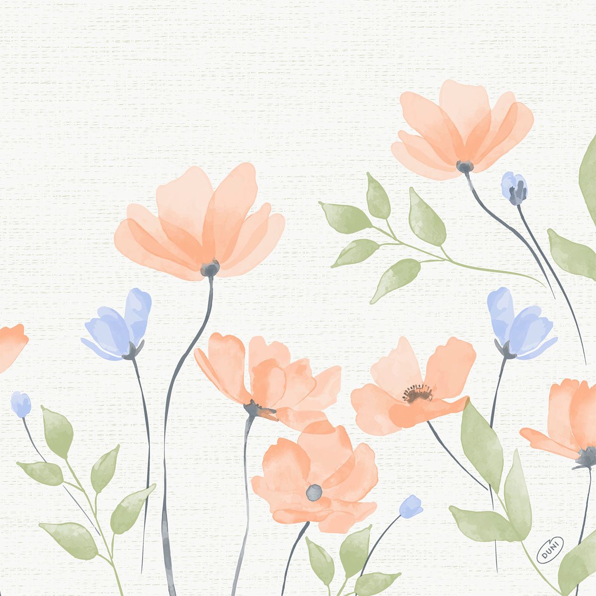 Akvarellillustration av orange och ljusblå blommor med gröna blad på slanka stjälkar, mot en lätt strukturerad bakgrund, perfekt för Bio-Dunisoft-servetten från Duni GmbH. 40x40cm.