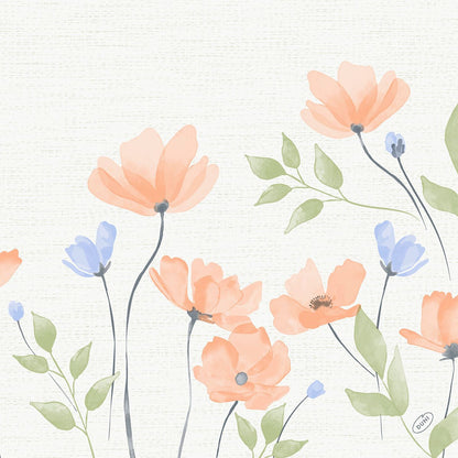 Akvarellillustration av orange och ljusblå blommor med gröna blad på slanka stjälkar, mot en lätt strukturerad bakgrund, perfekt för Bio-Dunisoft-servetten från Duni GmbH. 40x40cm.