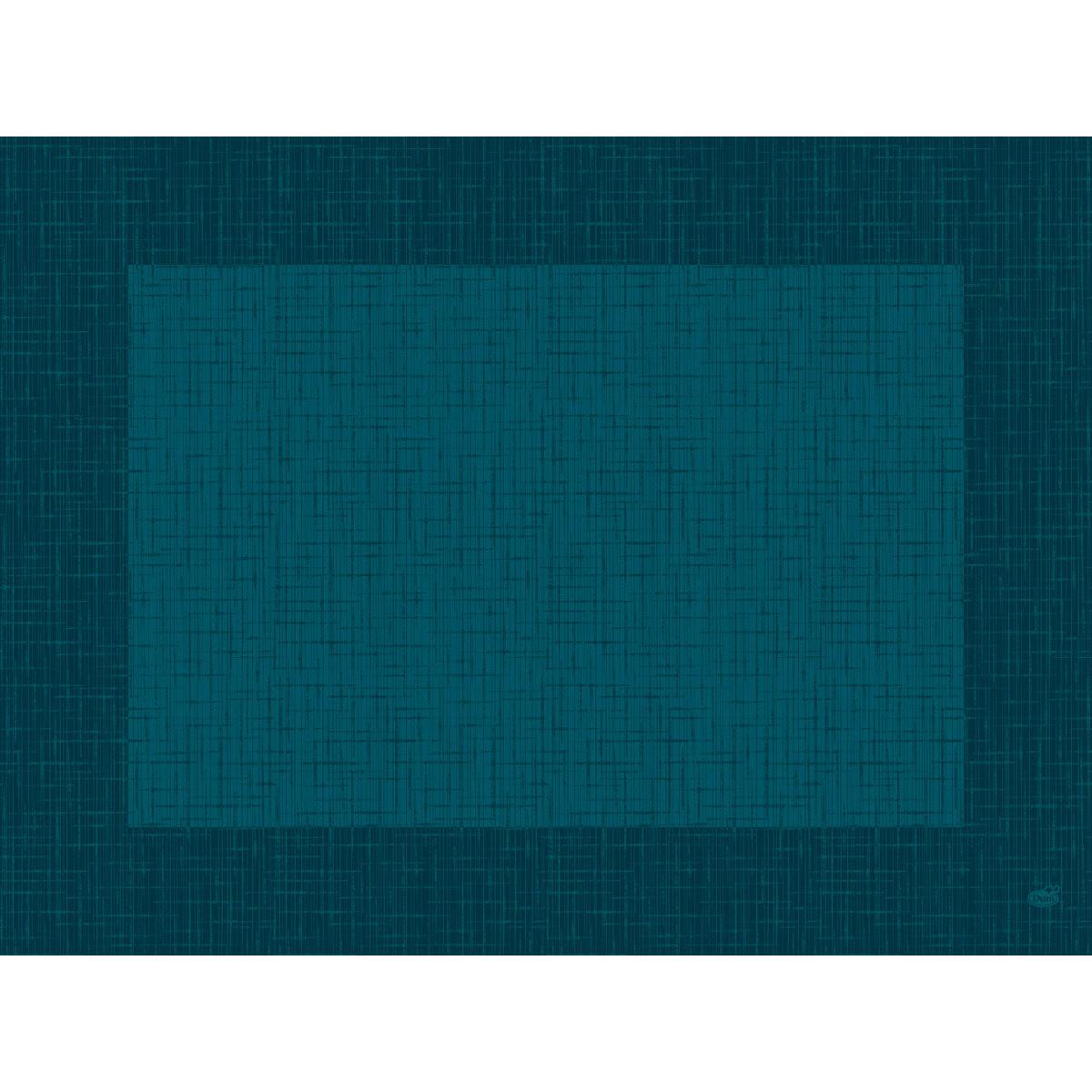 Ett stilfullt, biologiskt nedbrytbart Duni GmbH Bio-Dunicel-set 30x40 Linnea ocean teal bordsunderlägg med fint korsskraffur-mönster och mörk kant - perfekt för en hållbar bordsatmosfär. Förpackning med 100 stycken.