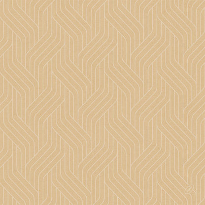 Ljusbrun bakgrund med återkommande, sammanflätade vita chevronlinjer och en liten cirkulär logotyp nere till höger, som speglar hållbar, Bio-Dunisoft-servettinspirerad design. 40x40cm från Duni GmbH.