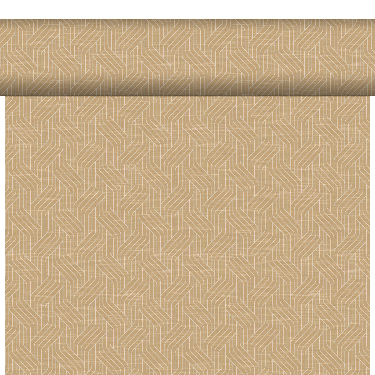 Die Bio-DC-Tete a Tete 0,4x24m von Duni GmbH ist eine biologisch abbaubare, umweltfreundliche Tapete mit hellbraunem Hintergrund und sich wiederholenden geometrischen Lichtlinienmustern, die teilweise ausgerollt und vertikal angebracht wird.
