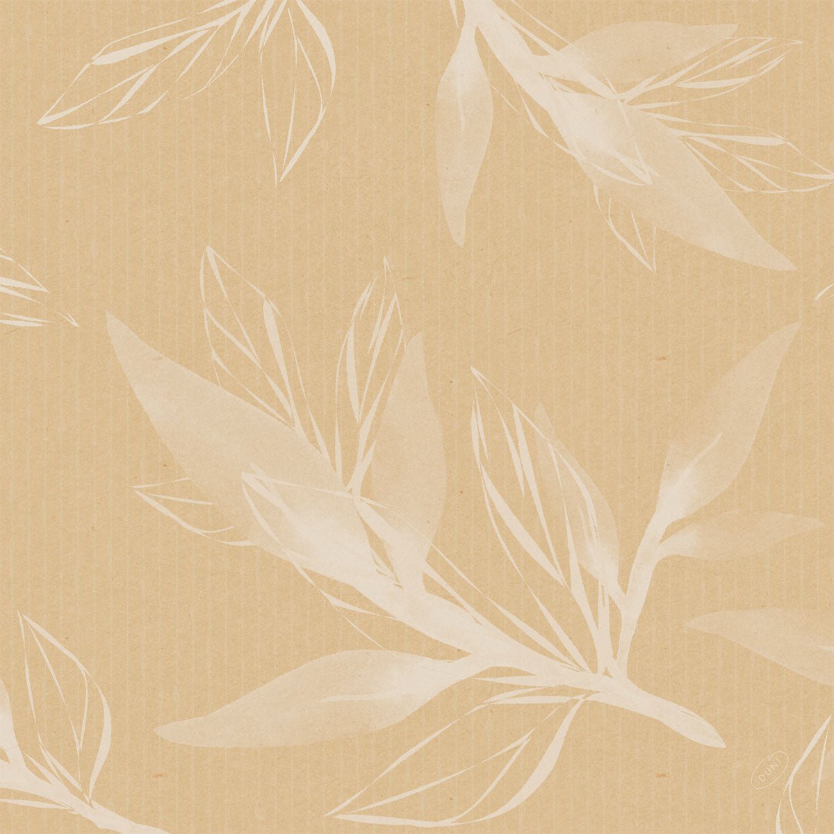 En ljusbrun Bio-Dunisoft-servett 40x40cm från Duni GmbH visar en subtil vertikal randstruktur och vita, halvtransparenta botaniska bladillustrationer, som framkallar den mjuka känslan av bio-bomull och en miljövänlig estetik.