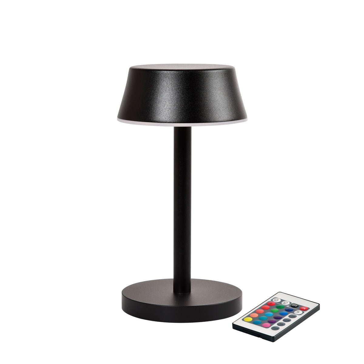 Nour Midi LED-lampan i grafit från Duni GmbH har en modern cylindrisk bas och en platt rund skärm. Den levereras med en fjärrkontroll och imponerar med innovativa funktioner och en stilren design - perfekt för modern bordsbelysning.