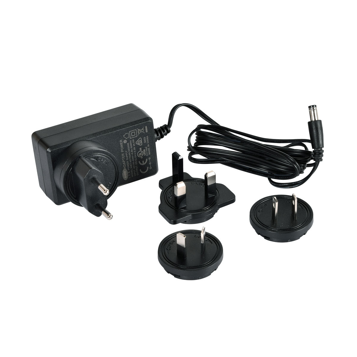 En svart strömadapter från Duni GmbH med avtagbar kabel och fyra stickproppsadaptrar, kompatibel som ersättningsadapter för LED-laddstation 206437 - Högkvalitativ adapter (1 styck), avbildad på vit bakgrund.