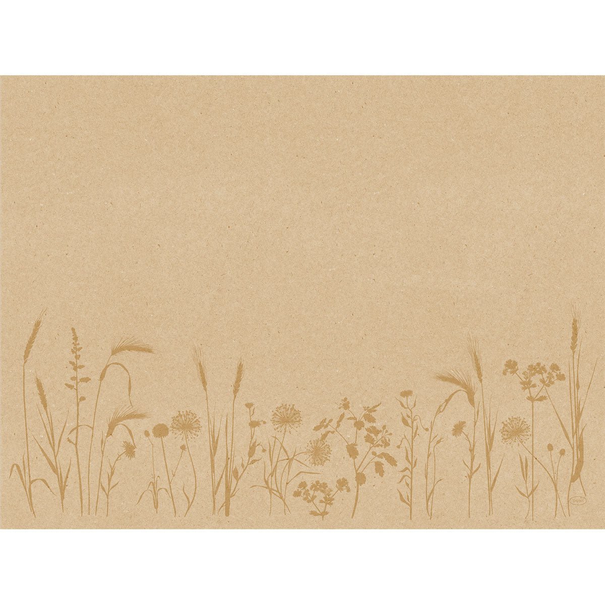 Pappersbordstabletter Meadow natural 30x40 cm från Duni GmbH: brunt papper med fina, ljusbruna vildblommor längs nederkanten. Perfekt för stilfull bordsdekoration, förpackning med 250 stycken av återvunnet papper.