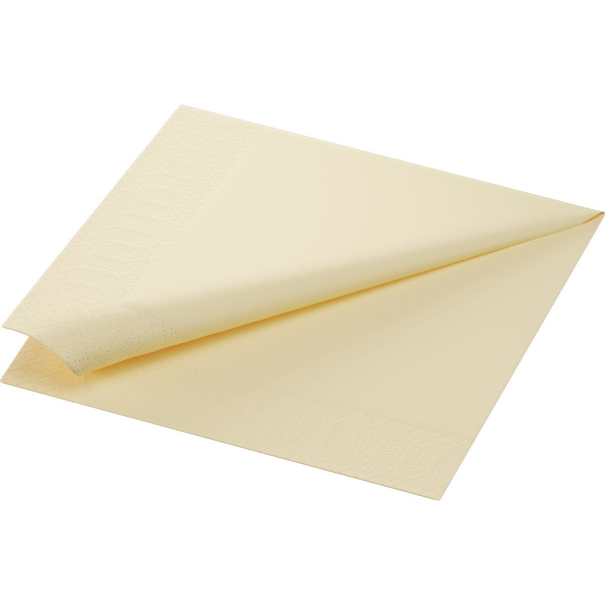En enda gräddfärgad cellt.Serv.40x40 3lg. 1/4 pappersservett från Duni GmbH i formatet 40x40 cm med präglad kant presenteras vikt på vit bakgrund. Förpackningen innehåller 50 stycken.