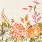 Aquarellierte orangefarbene und grüne Kürbisse, Spicy Pumpkin-Töne, rosa Hortensien und Herbstblätter zieren den unteren Rand - ideal für Duni GmbH Servietten 40x40 3lagig 1/4 Spicy Pumpkin (Packung 250 Stück) Designs.
