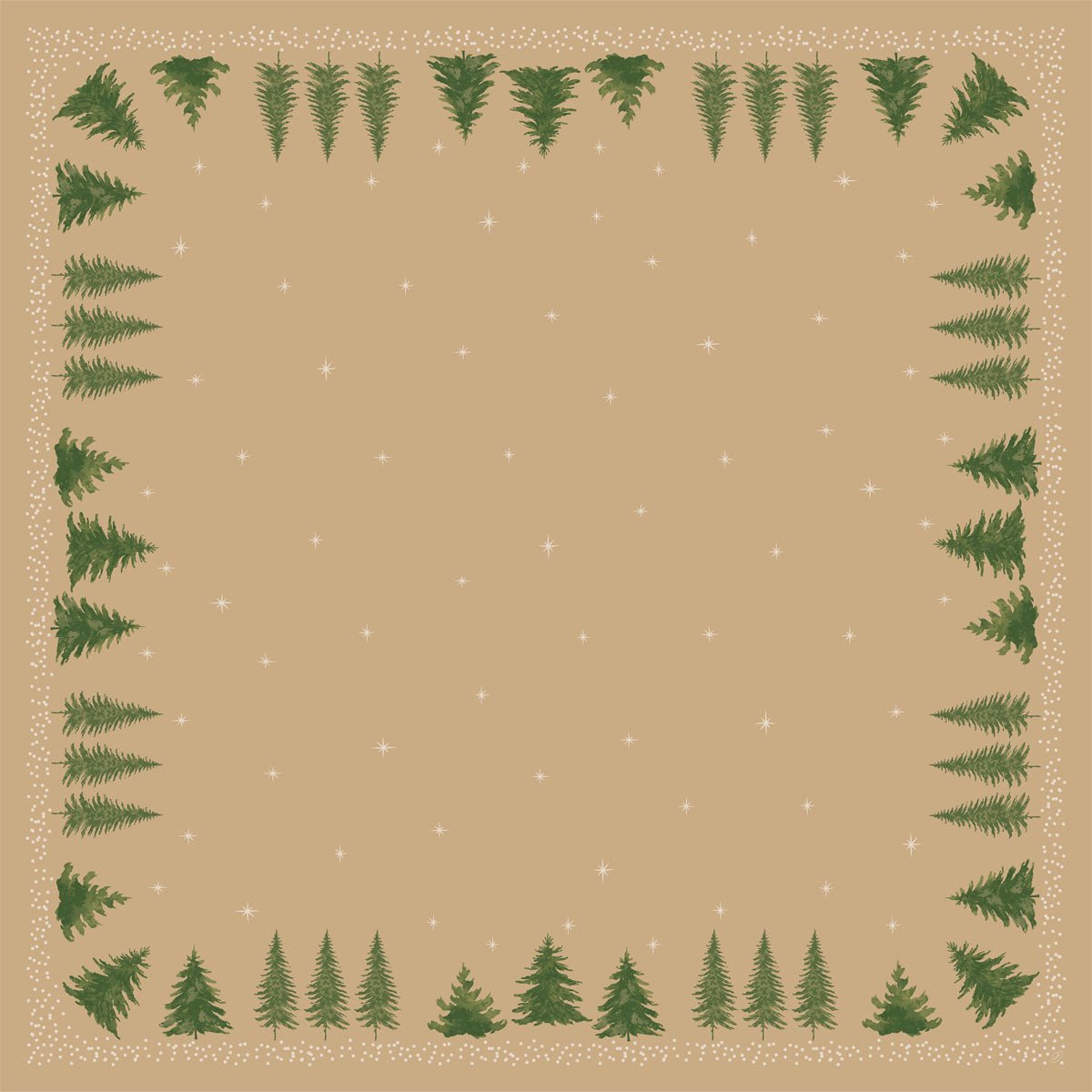 En ljusbrun fyrkant med vita prickar och stjärnor, inramad av gröna granar, skapar en festlig look - idealisk för borddekoration med den biologiskt nedbrytbara Bio-Dunicel-mittduken 84x84cm "Humble Trees" från Duni GmbH (förpackning: 20 stycken, biologiskt nedbrytbar).