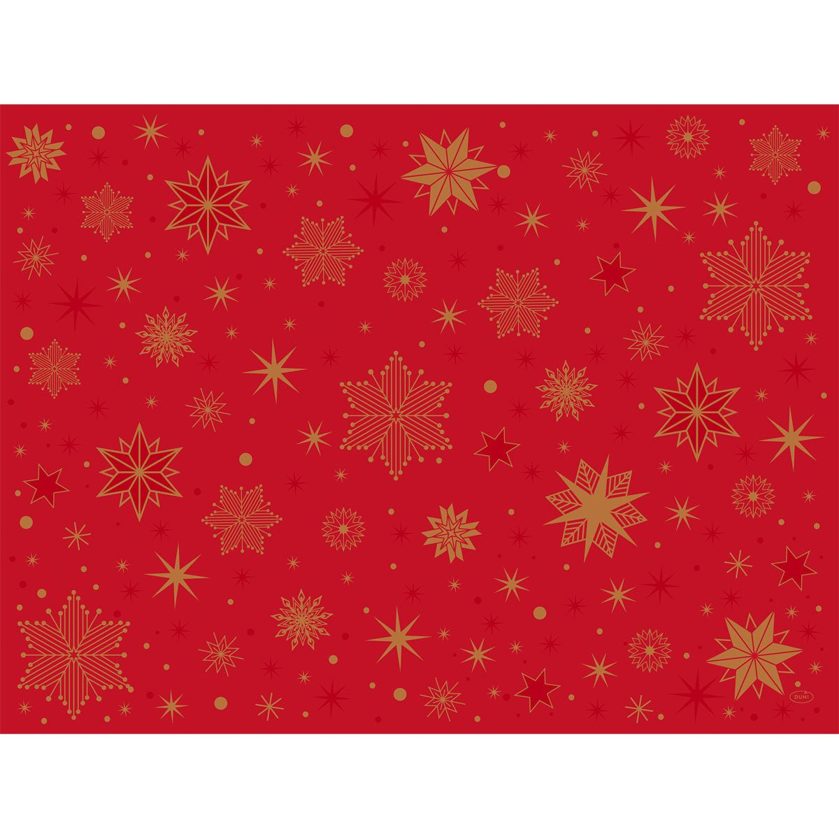 Duni GmbH Pappersbordsunderlägg 30x40 cm i Stargazing röd pryds av gyllene snöflingor och stjärnor för en festlig atmosfär - idealisk för fester, finns i 250-pack.