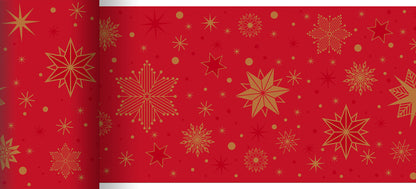 Der Bio-DC Tischläufer 0,15x20m Stargazing für Festlichkeiten von Duni GmbH ist ein umweltfreundlicher roter Tischläufer, der mit goldenen und hellroten Sternen, Schneeflocken und verstreuten goldenen Punkten in verschiedenen Größen und Ausführungen verziert ist.