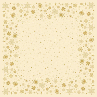 Dunisilk(Plus)-mellanduken 84x84 från Duni GmbH med beige, kvadratisk bakgrund, en bård av gyllene snöflingor och prickar samt utspridda gyllene stjärnor är en elegant, vattenavvisande bordsdekoration med tomt centrum.