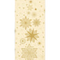 Duni GmbH:s servetter 40x40 3-lagers 1/8 Stargazing cream har en beige bakgrund med olika gyllene snöflingor och små stjärnor i ett återkommande mönster. Förpackningen innehåller 250 servetter.