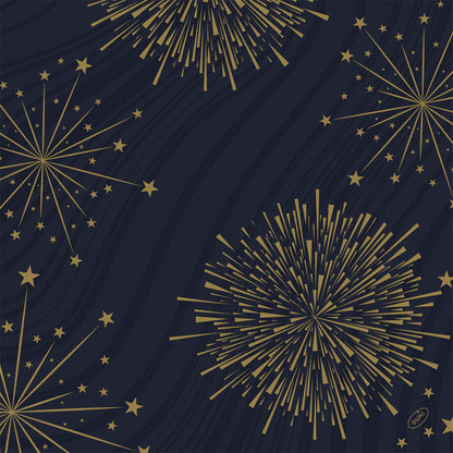 Die Bio-Dunisoft-Servietten 40x40cm der Duni GmbH zeigen ein goldenes Feuerwerk und Sterne auf marineblauem Grund mit Wellenlinien. Mit diesen nachhaltigen Servietten erhält jede Veranstaltung einen festlichen und umweltfreundlichen Touch.