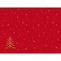 Papier-Tischsets 30x40cm Shimmer Trees von Duni GmbH: Rotes Design mit dezentem Muster, goldenem Weihnachtsbaum unten links, Goldsterne und Schneeflocken - ideal für festliche Tischdekoration. Packung mit 250 Stück.