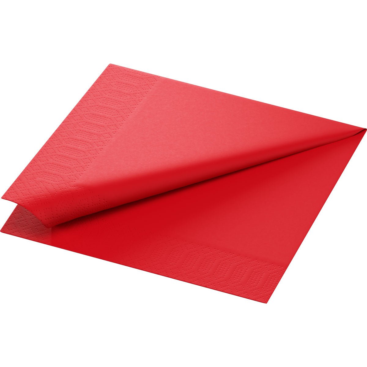 En snyggt vikt röd Duni GmbH cellulosa servett, 40x40 cm, 3-lagers, 1/4-vikt med präglade dekorativa kanter (förpackning med 250 stycken), visas mot en vit bakgrund.
