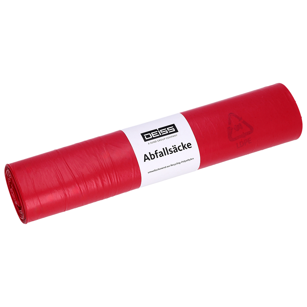 Avbildad är en tätt upprullad DEISS soppåsar Typ 60 (70 l, 575x1000 mm) av återvunnet LDPE från EMIL DEISS KG (GmbH + Co.), i rött med vit "DEISS Avfallspåsar"-etikett och återvinningssymbol, på enfärgad vit bakgrund.