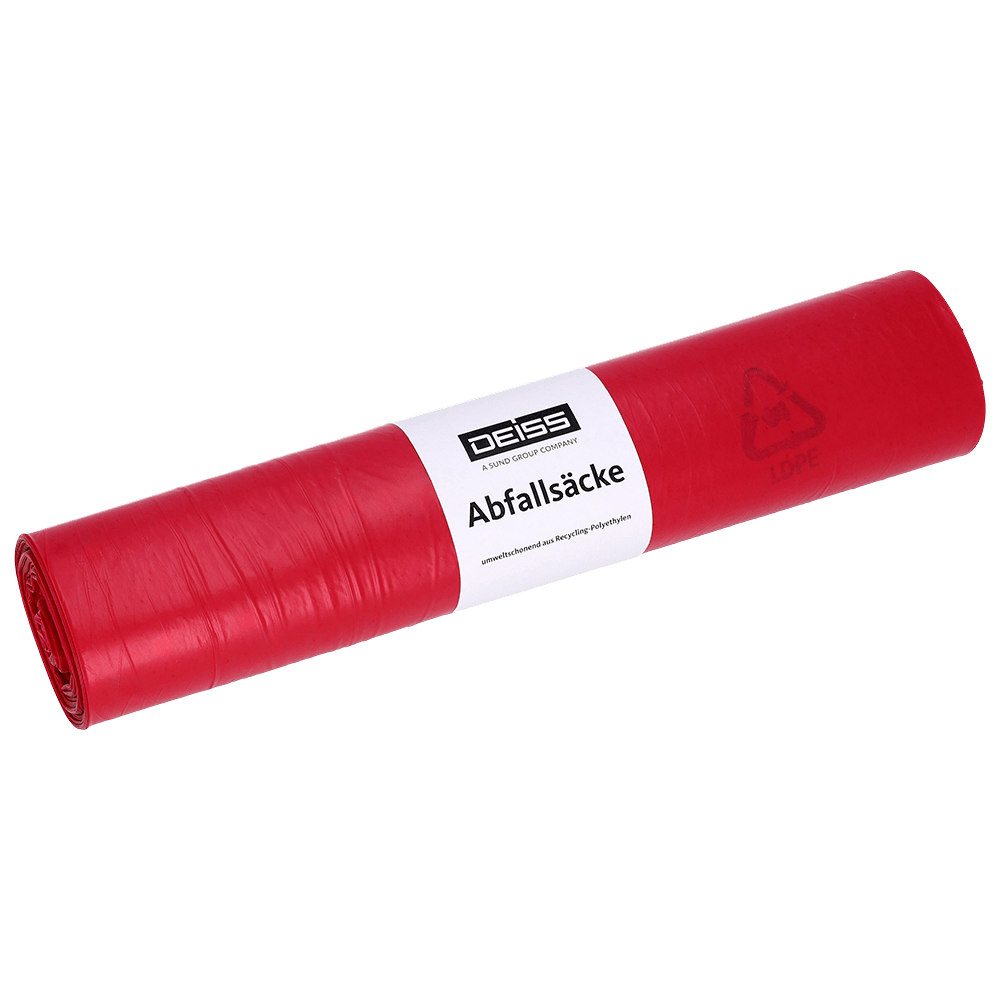 Avbildad är en rulle DEISS 21705 Typ 100 röda soppåsar (25 säckar, 575x1000 mm) från EMIL DEISS KG (GmbH + Co.) på vit bakgrund - idealisk för kommersiell avfallshantering.