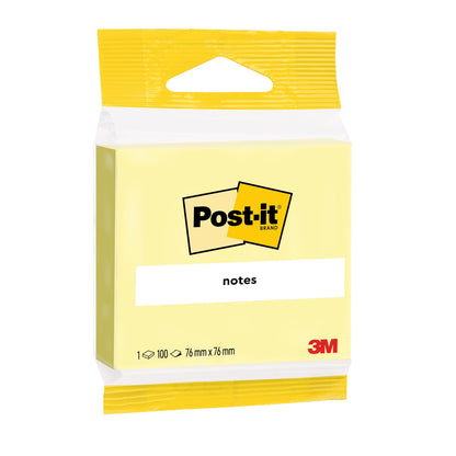 Eine Packung gelber Post-it® Notes von 3M Deutschland GmbH mit 100 Blatt (76 mm x 76 mm) pro Block, 1 Block/Packung, und 100% PEFC zertifiziert (SGSCH-PEFC-COC-110078).
