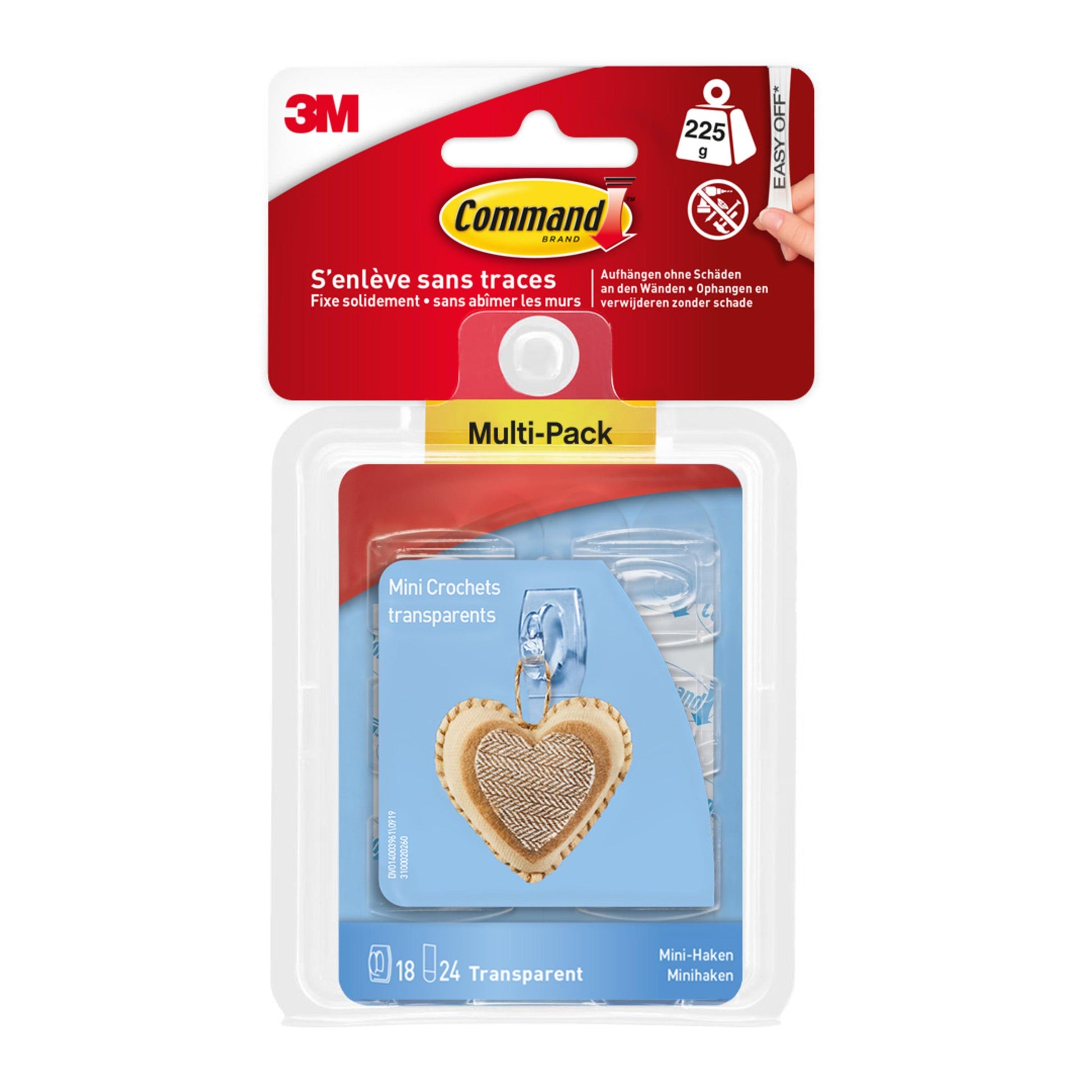 Command™ Mini-Haken, transparent, mit transparenten Strips (18 Haken, 24 Strips) von 3M Deutschland GmbH - Aufbewahrung ohne Bohren. Verpackt in klarer Kunststoffverpackung mit Branding; ein herzförmiger Anhänger hängt am Haken.
