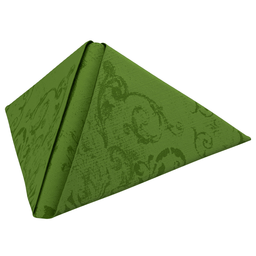 Denna Dunilin®-servett, tillverkad av Duni GmbH, mäter 40 x 40 cm, är elegant vikt till en pyramidform och visar en överdådig design med ett konstfullt, virvlande mönster.