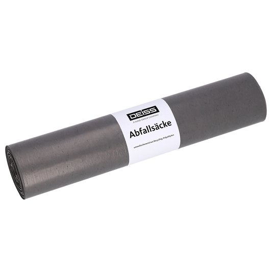 Eine Rolle grauer DEISS 24054 Müllsäcke (700x1100 mm, 25 Stück) der EMIL DEISS KG (GmbH + Co.) mit weißem Etikett steht auf einem schlichten, hellen Hintergrund.