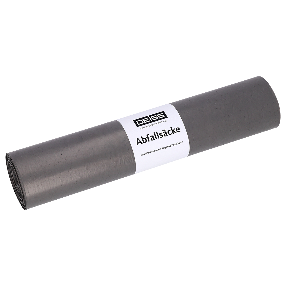 En upprullad förpackning av EMIL DEISS KG (GmbH + Co.) DEISS soppåsar Typ 60, 70L, 575x1000 mm, av återvunnet LDPE med vit etikett.