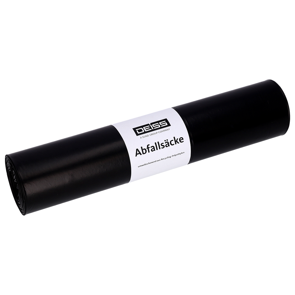 Eine schwarze DEISS 25709 Müllsackrolle (25 Stück, 575x1000 mm) der EMIL DEISS KG (GmbH + Co.) mit weißem Etikett steht auf einem unifarbenen hellgrauen Hintergrund - perfekt für effiziente Abfallmanagement- und Verpackungslösungen.