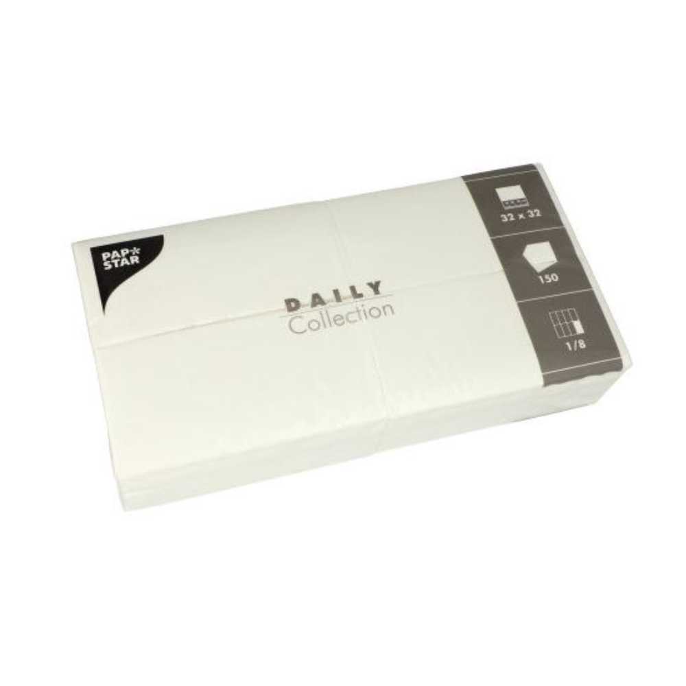 En vit förpackning med servetter 'DAILY Collection' från PAPSTAR GmbH innehåller 150 servetter med måtten 32 x 32 cm, idealiska för att förbättra din bordsdekoration. På förpackningen står det att servetterna är vikta i åttondelar.