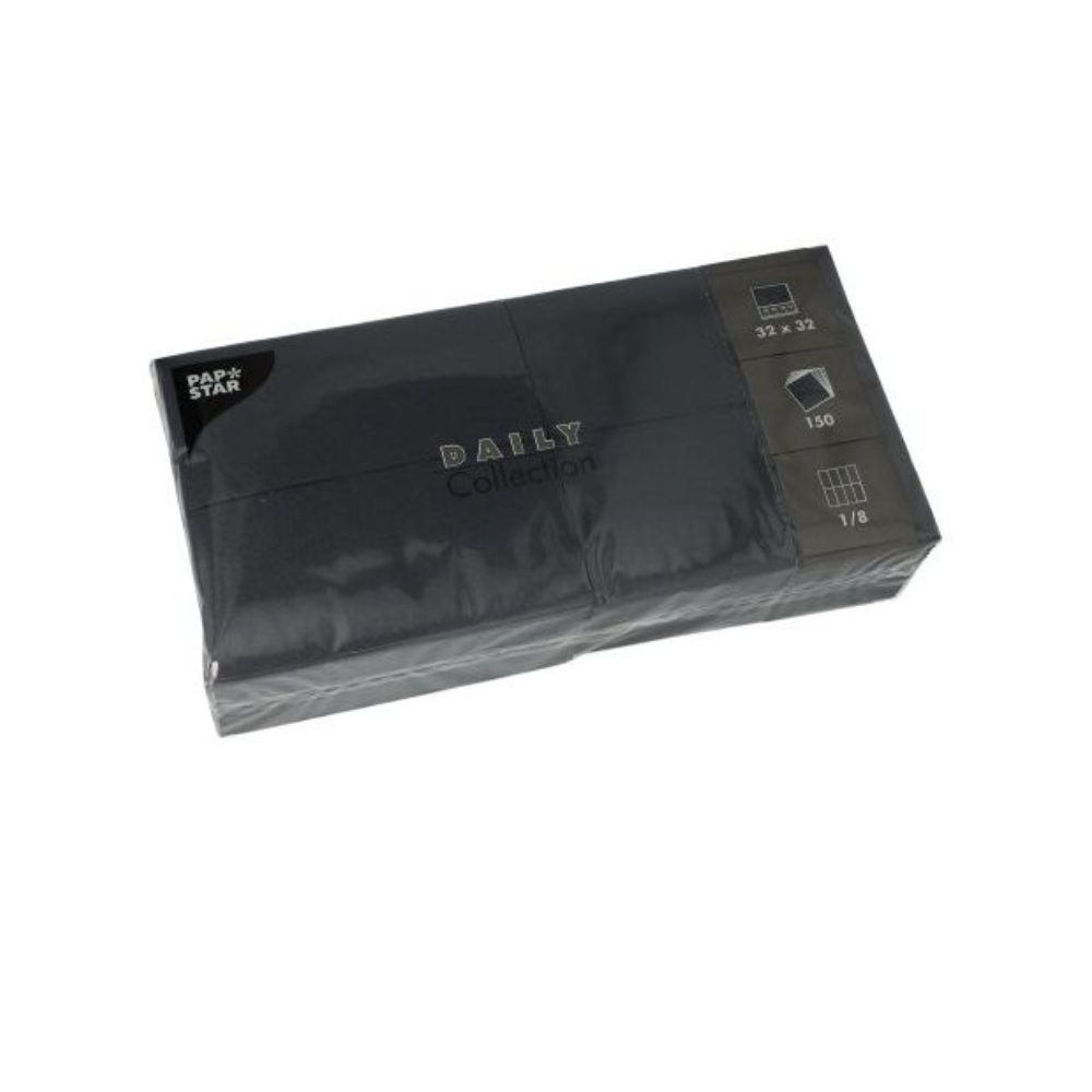 Ett elegant svart paket PAPSTAR servetter "DAILY Collection" från PAPSTAR GmbH är perfekt för din bordsdekoration. Med 150 servetter i det praktiska formatet 32 x 32 cm och en elegant 1/8-vikning erbjuder de både stil och hållbar komfort för varje tillfälle.