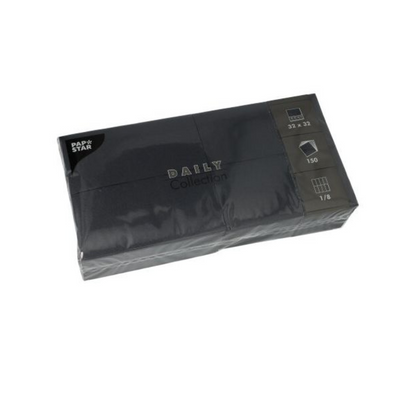 Ett elegant svart paket PAPSTAR servetter "DAILY Collection" från PAPSTAR GmbH är perfekt för din bordsdekoration. Med 150 servetter i det praktiska formatet 32 x 32 cm och en elegant 1/8-vikning erbjuder de både stil och hållbar komfort för varje tillfälle.