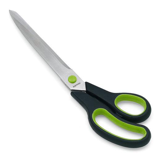 Nölle Profi Brush Tapetserarsax 2K11 med rostfria stålblad och svart-gröna ergonomiska handtag ger precisa snitt; avbildad på vit bakgrund. Märke: Nölle Profi Brush Borst- & Penselteknik e.K.