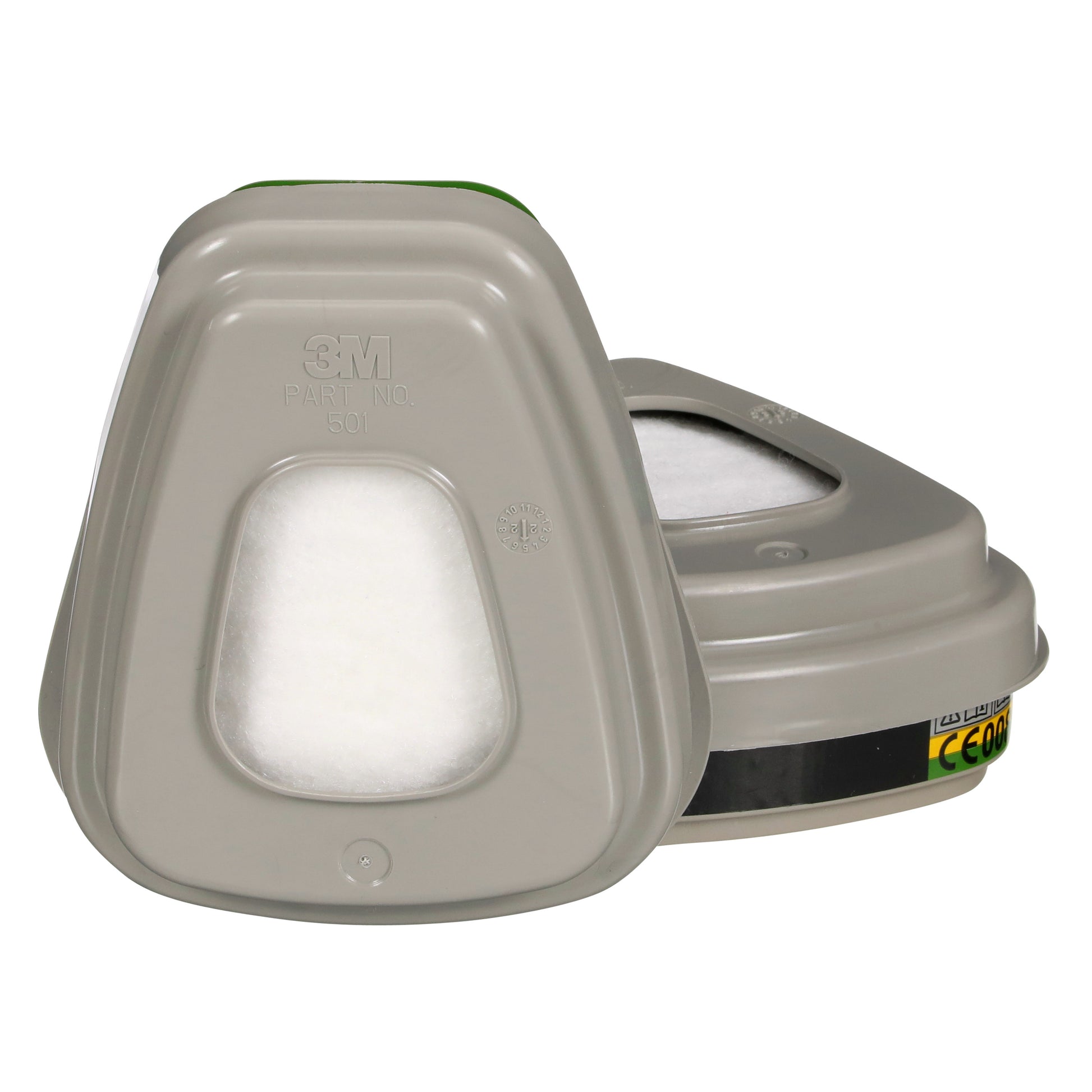 Abgebildet sind zwei graue 3M™ Filtersatz 6004-1 ABEK1P3 Kombinationsfilterpatronen (2x6059, 2x5935, 2x501) der 3M Deutschland GmbH - eine stehend, eine liegend - mit sichtbaren Etiketten und Markierungen. Die Packung enthält 1 Stück.