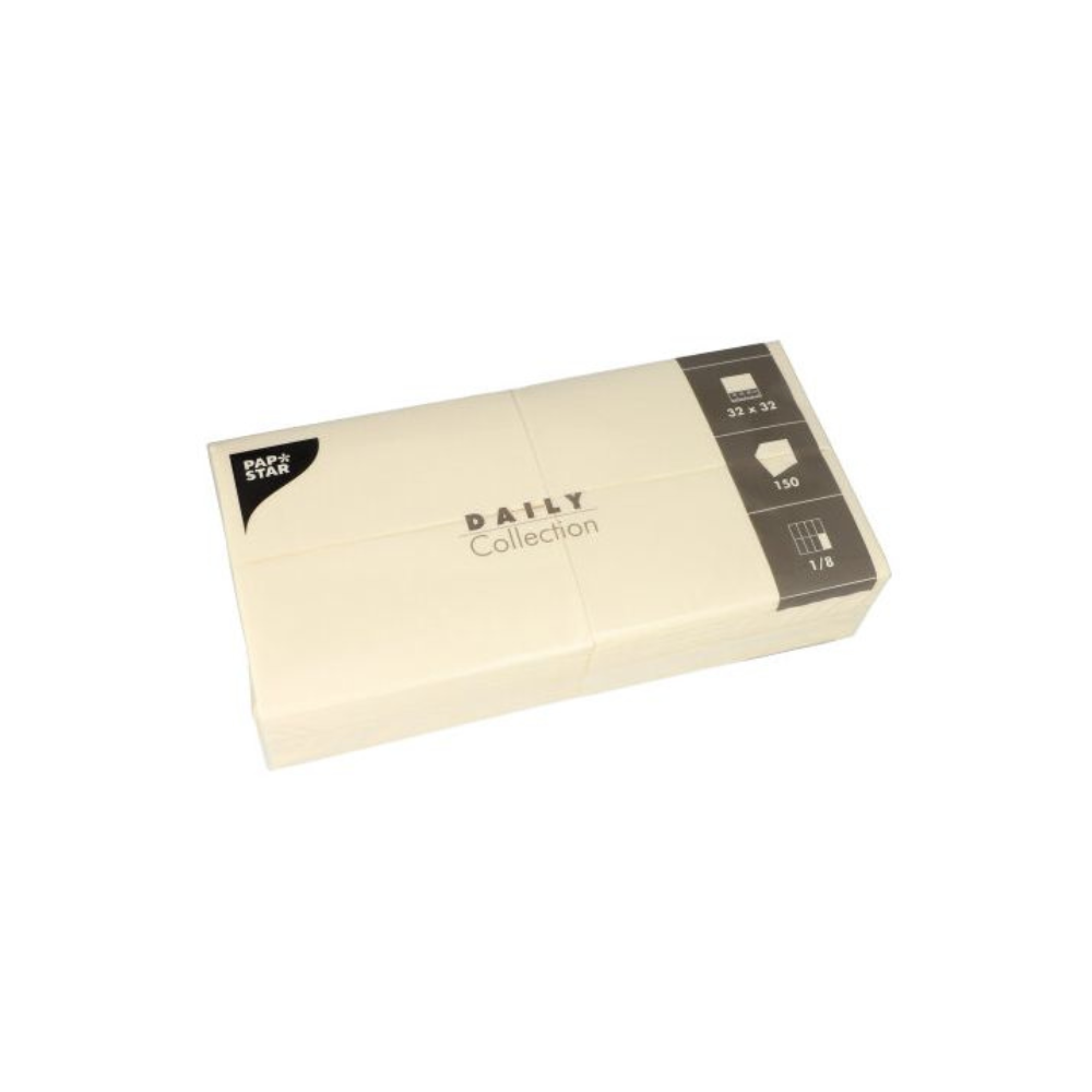 En förpackning beige papperservetter, idealisk för bordsdekoration, med beteckningen "DAILY Collection" från PAPSTAR GmbH. Förpackningen innehåller symboler som anger måtten (32 x 32 cm), mängden (150) och vikningstypen (1/8), så att du får både stilfulla servetter och hållbar komfort för dina sammankomster.