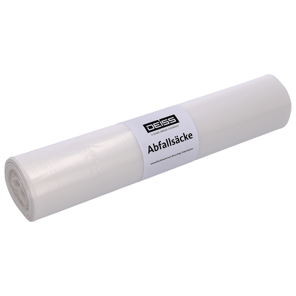 Avbildad är en vit rulle soppåsar från EMIL DEISS KG (GmbH + Co.) med texten "DEISS 29070 - 700x1100 mm Typ 60 transparent | Rulle (25 stycken)" mot en enfärgad ljus bakgrund.