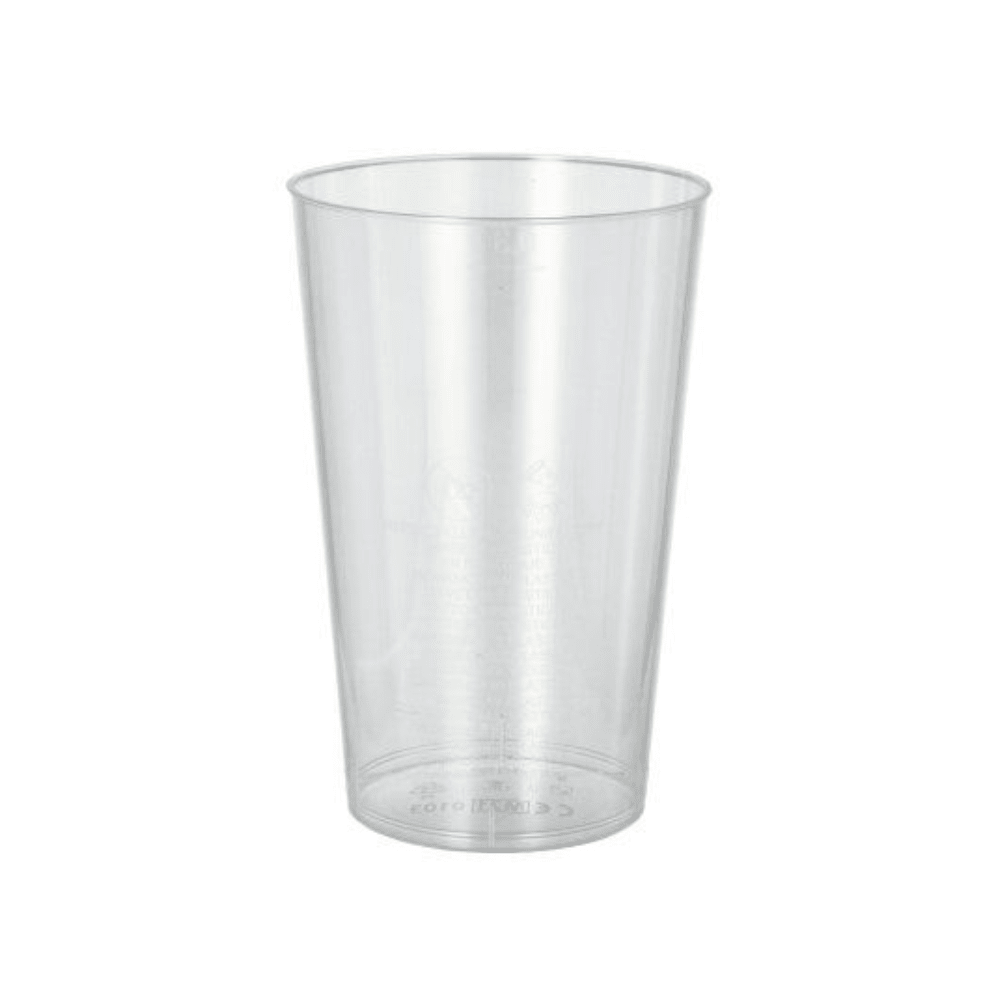 På vit bakgrund står upprätt en glasklar Starpak plastbägare (PS) 0,3 l, i cylindrisk form med lätt konisk design och slät yta.