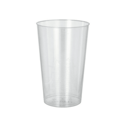 På vit bakgrund står upprätt en glasklar Starpak plastbägare (PS) 0,3 l, i cylindrisk form med lätt konisk design och slät yta.