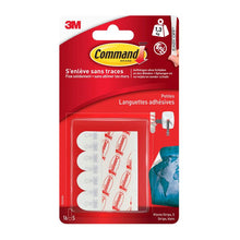 På bilden visas en röd-vit förpackning från 3M Deutschland GmbH Kleine Command™ Strips S, 17022N. Med de fem små remsorna kan du hänga upp föremål utan att skada väggarna. På förpackningen finns produktinformation på flera språk.