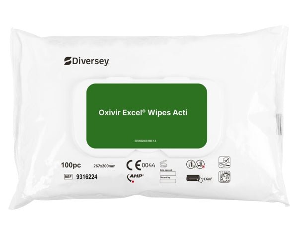 Utgående artikel: Diversey Oxivir® Excel Wipe desinfektionsservetter med brett verkningsspektrum | Förpackning (100 servetter)