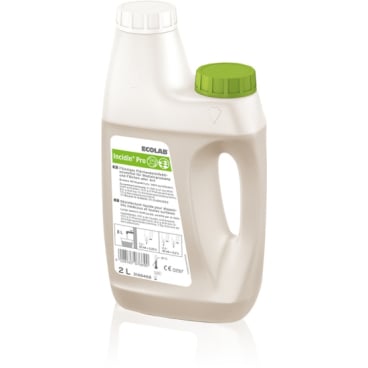En 2-litersflaska Ecolab Incidin Pro med handtag, vitt och grönt lock på motsatta sidor samt en vit etikett med produktinformation och säkerhetssymboler.