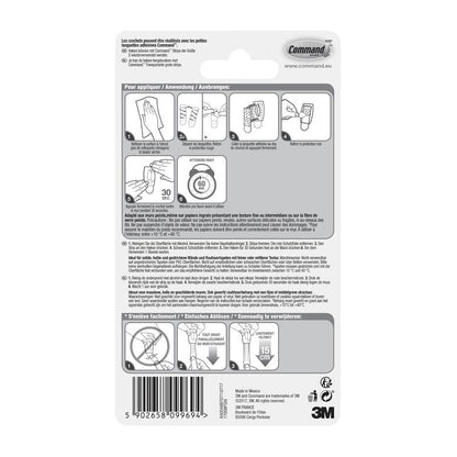Baksidan av en 3M Deutschland GmbH Command™ Mini-krok, 17006-förpackning med flerspråkig instruktion, diagram för verktygslös montering, användning av klisterremsor, varningar, produktdetaljer, streckkod - kan tas bort utan rester.